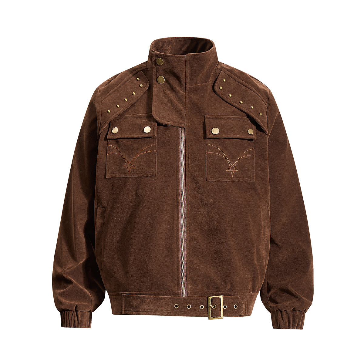 Brown suede-finish bomber jacket with brass stud epaulettes, dual chest pockets, embroidered star motifs, and adjustable wais