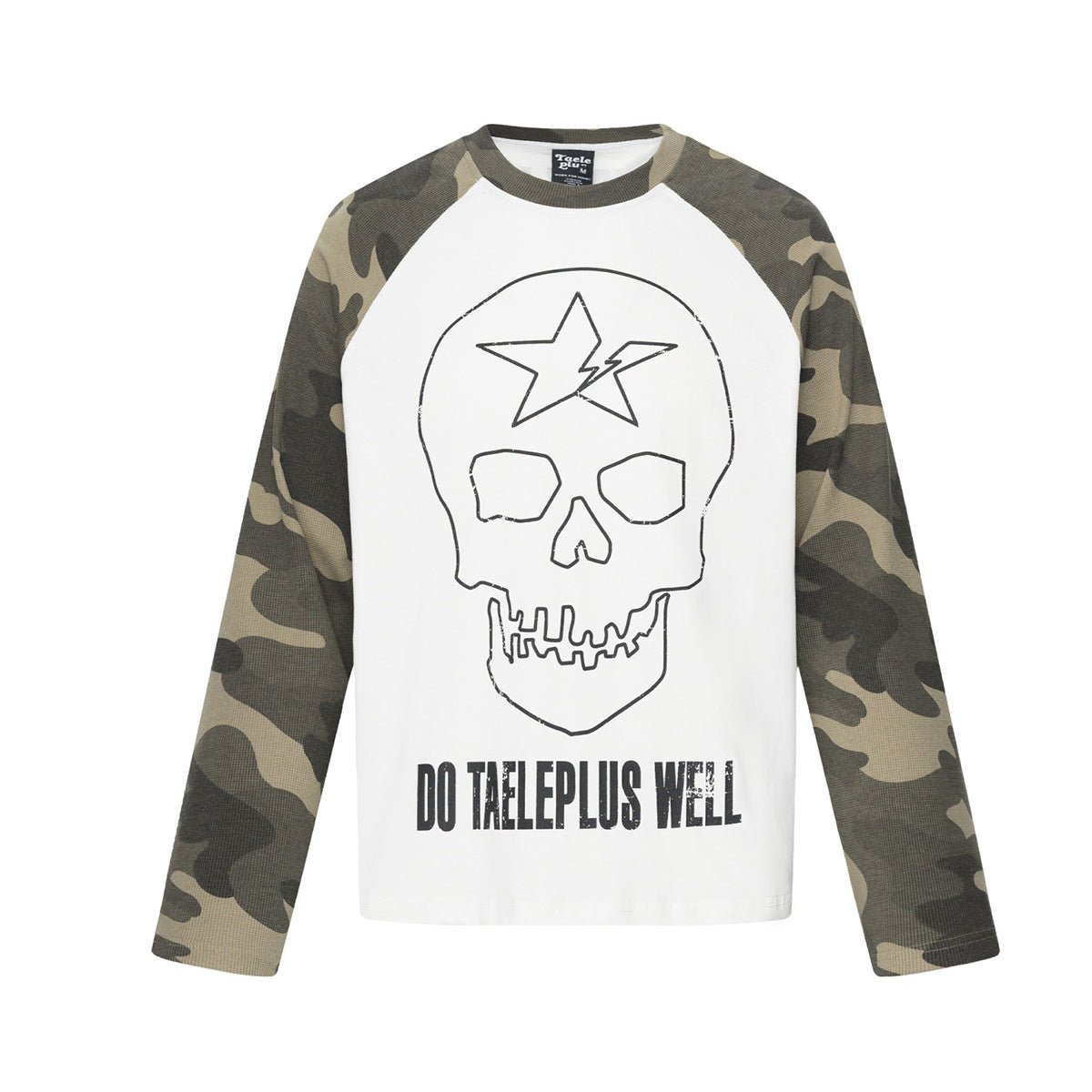 Camiseta raglán gótica de manga larga con camuflaje de calaveras — Camiseta streetwear de cuello redondo