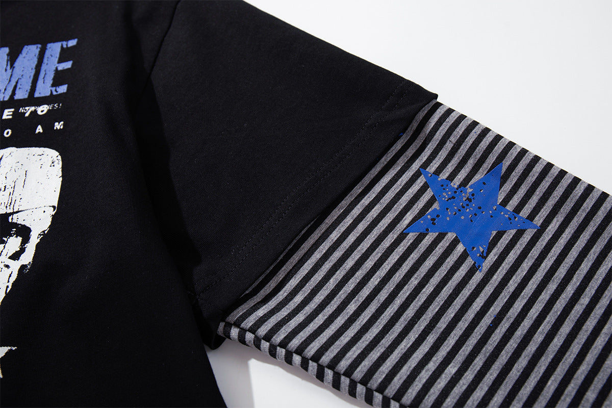 Long Sleeve Double-Layer Graphic Tee – Videodrome Rock Print with Striped Star