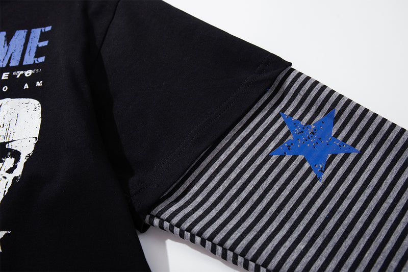 Long Sleeve Double-Layer Graphic Tee – Videodrome Rock Print with Striped Star