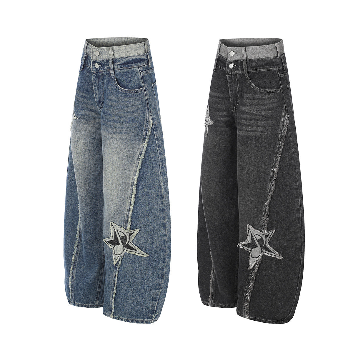 Baggy-Jeans mit weitem Bein, Stern-Patches und offenen Fransennähten