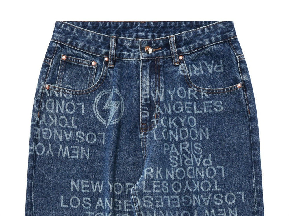 Men's Wide Straight-Leg Jeans – Allover City Names & Lightning Bolt Print