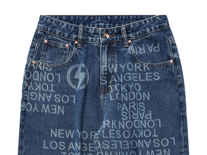 Men's Wide Straight-Leg Jeans – Allover City Names & Lightning Bolt Print