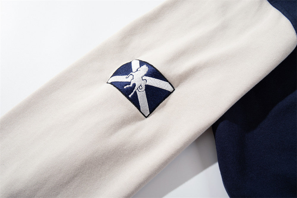 Rebirth 7 Colorblock-Zip-Hoodie – Distressed Varsity-Sweatshirt in Navy & Creme