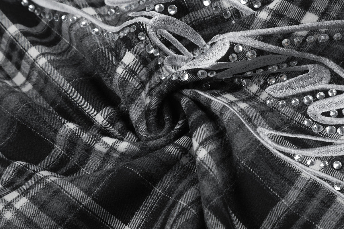 Plaid Wide-Leg Sweatpants with Drawstring Waist & Script Graphic
