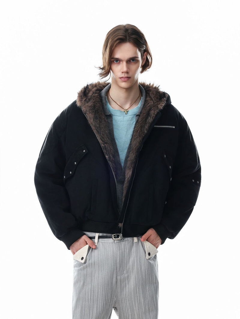 Fur-Trim Hooded Bomber Jacket – Padded Black Flight Jacket with Faux Fur Hood