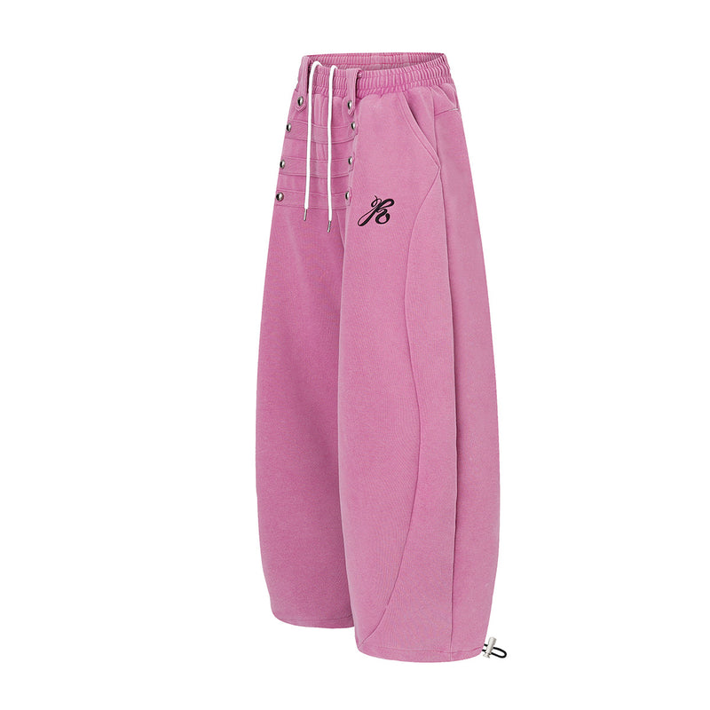 Wide-Leg Sweatpants with Decorative Button Panel & Drawstring Waist