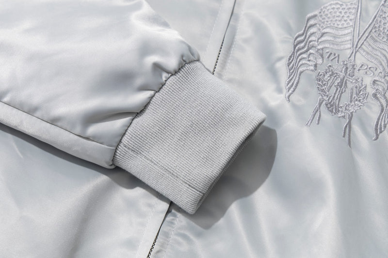 Blouson bomber satiné brodé à col montant et bandes léopard