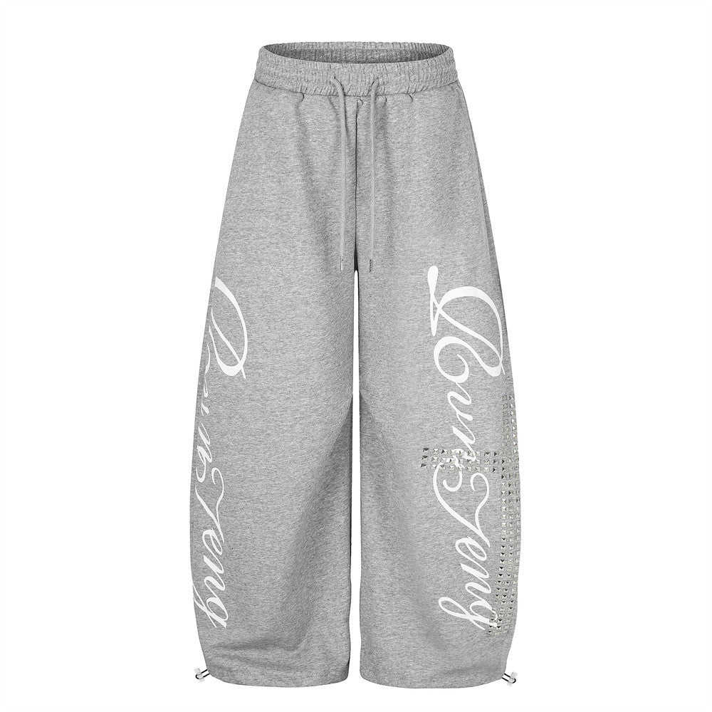 Wide Leg Pants for Men – Cross Rhinestone Script Graphic Relaxed Fit Sweatpants