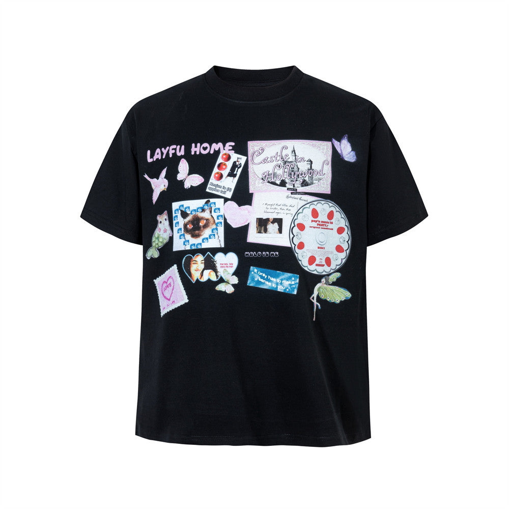 Men's Graphic Collage Print Short Sleeve T-Shirt – Crew Neck Casual Tee