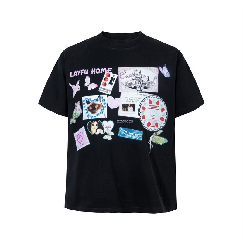 Men's Graphic Collage Print Short Sleeve T-Shirt – Crew Neck Casual Tee