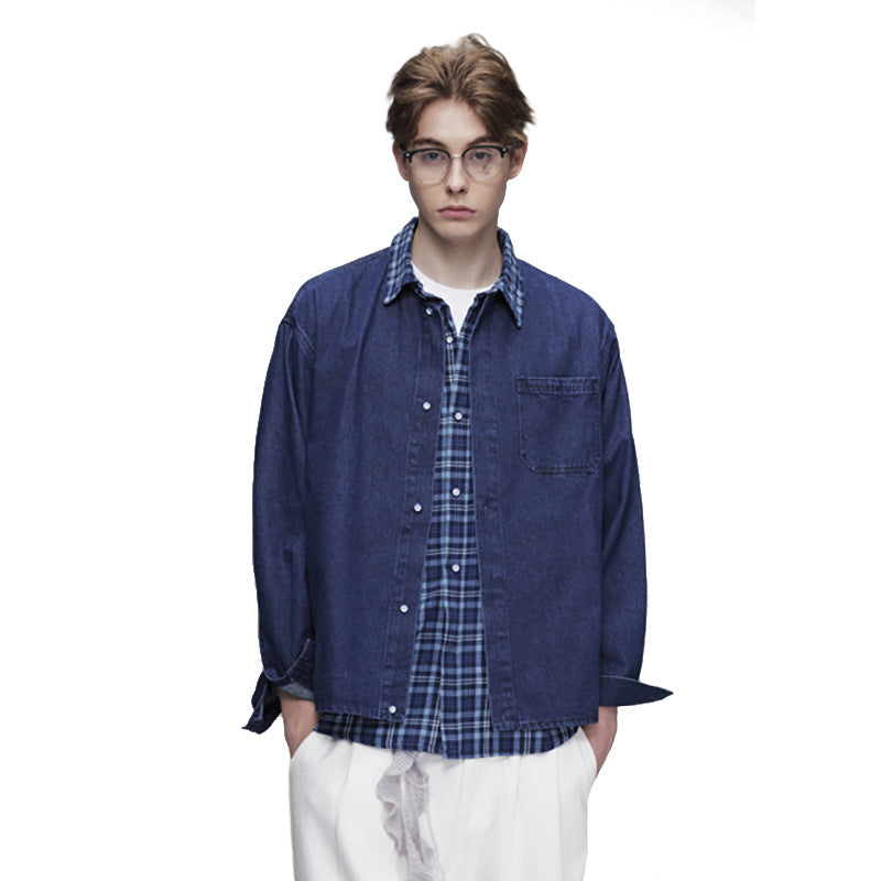 Long Sleeve Oversized Shirt – Denim & Plaid Splice Faux Two-Piece Design