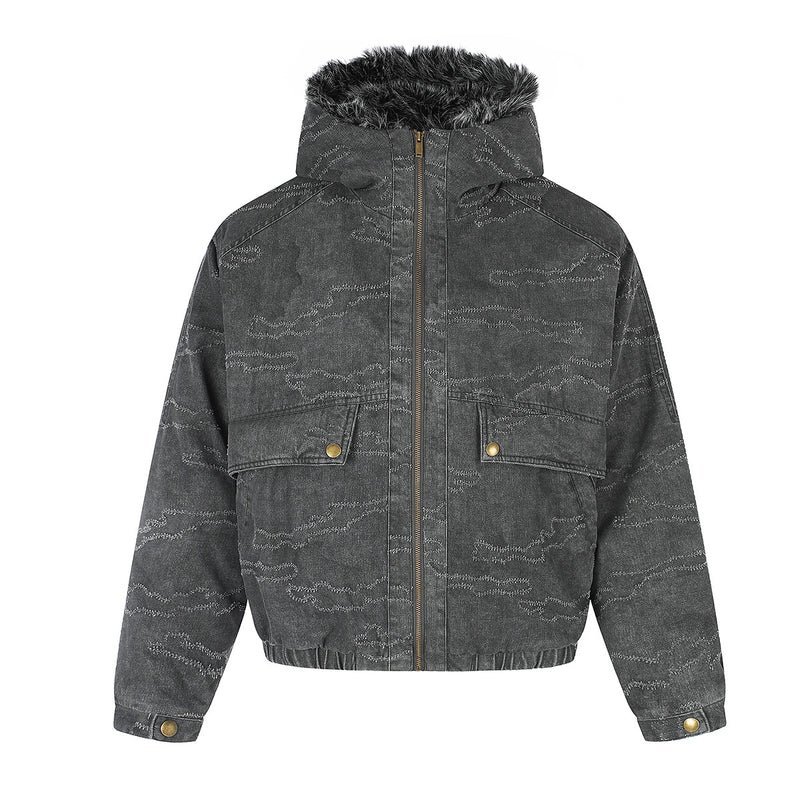 Camo Jacquard Padded Bomber Jacket with Faux Fur Hood