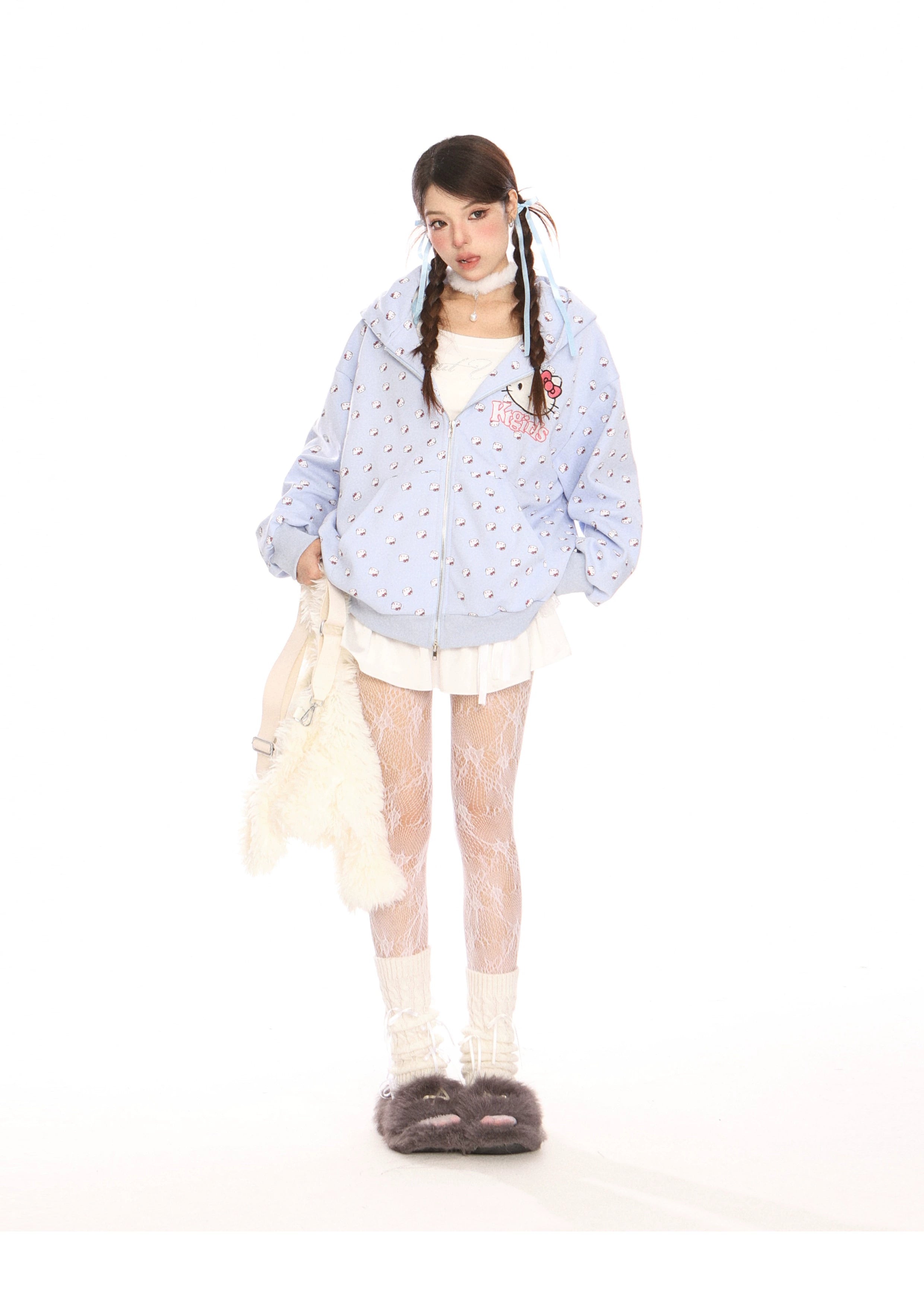 Hello Kitty Pink Kawaii Hoodie – Cute Oversized Zip-Up with Cat Ear Hood and All-Over Print