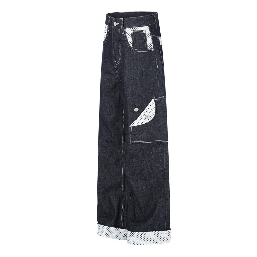 Jean homme droit – Denim foncé à jambes larges avec patchwork à pois