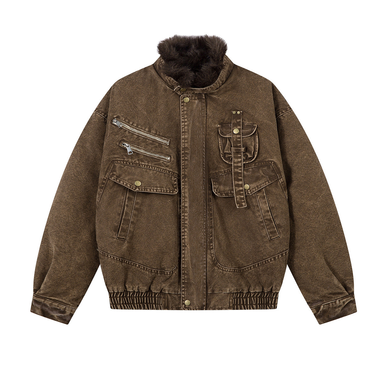 Washed Denim Bomber Jacket with Faux Fur Collar & Fleece Lining – Vintage
