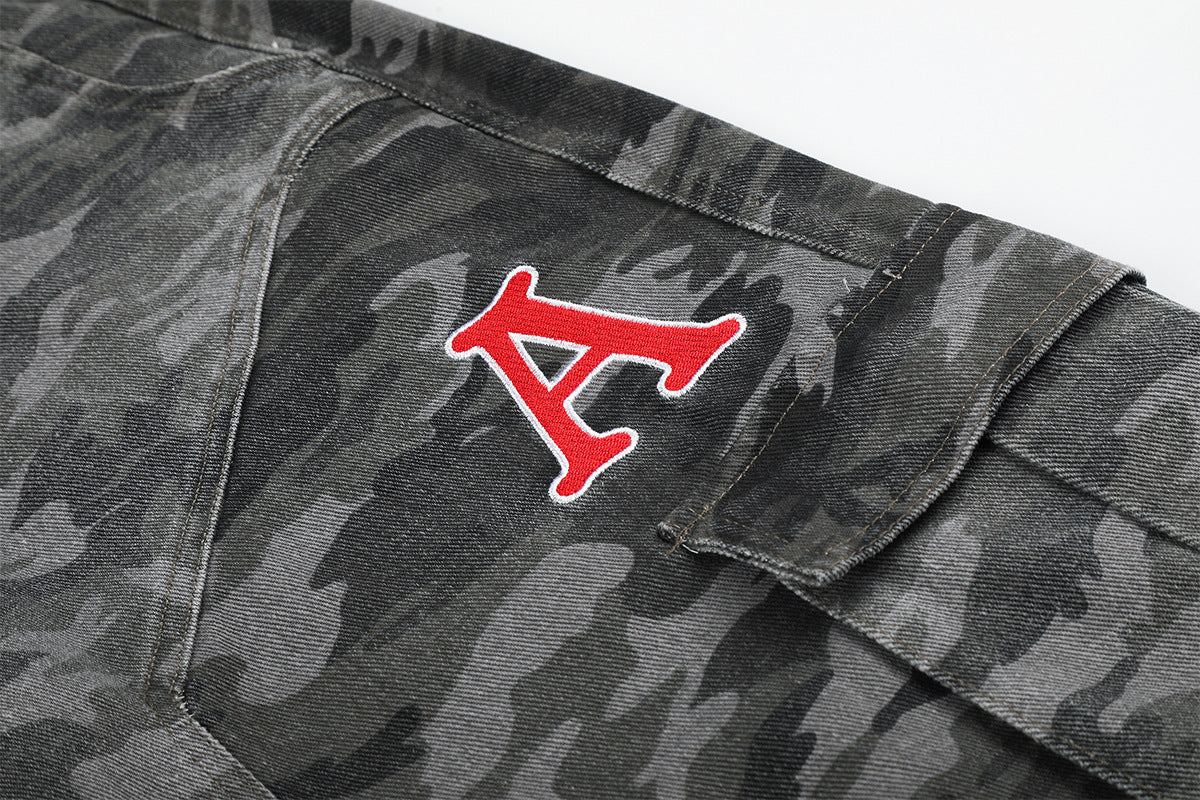Camo Wide-Leg Cargo Denim Pants with Varsity Patches