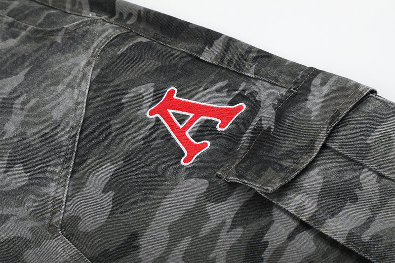 Camo Wide-Leg Cargo Denim Pants with Varsity Patches