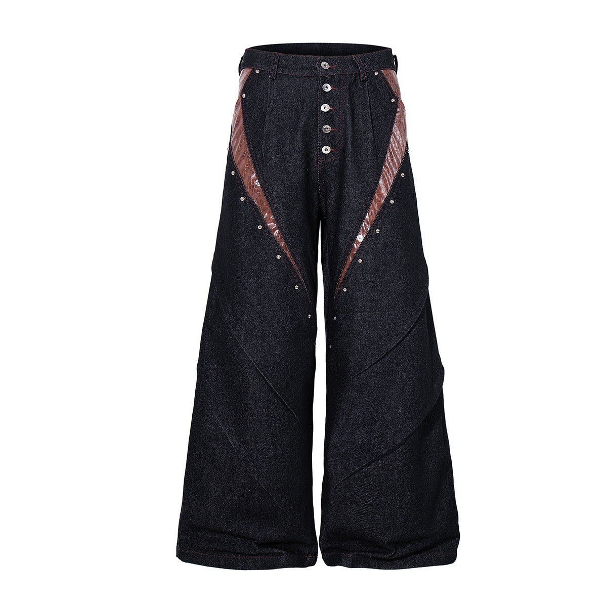 Black baggy wide-leg denim jeans with diagonal croc-embossed brown leather panel inserts and silver stud trim, front and back