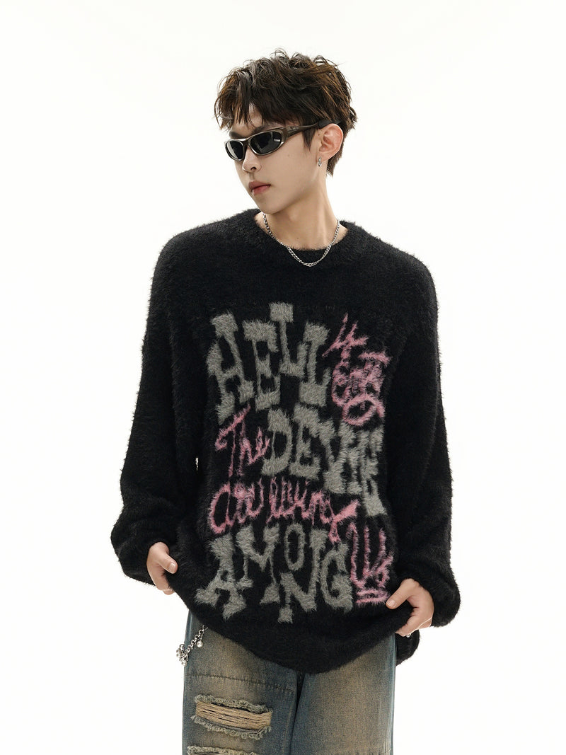 Pull oversize en maille jacquard à lettrage – Hell Is Empty, motif graffiti