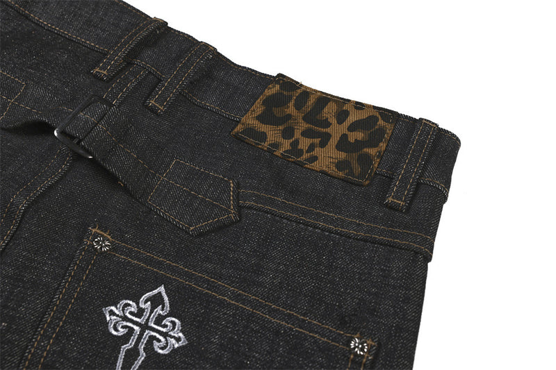 Baggy Black Jeans Men's Wide-Leg Denim with Leopard Print Pockets & Charm Detail