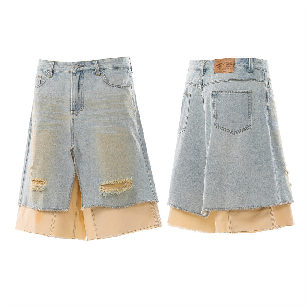 Distressed Denim Skirt Shorts – Layered Faux Two-Piece Wide-Leg Cut