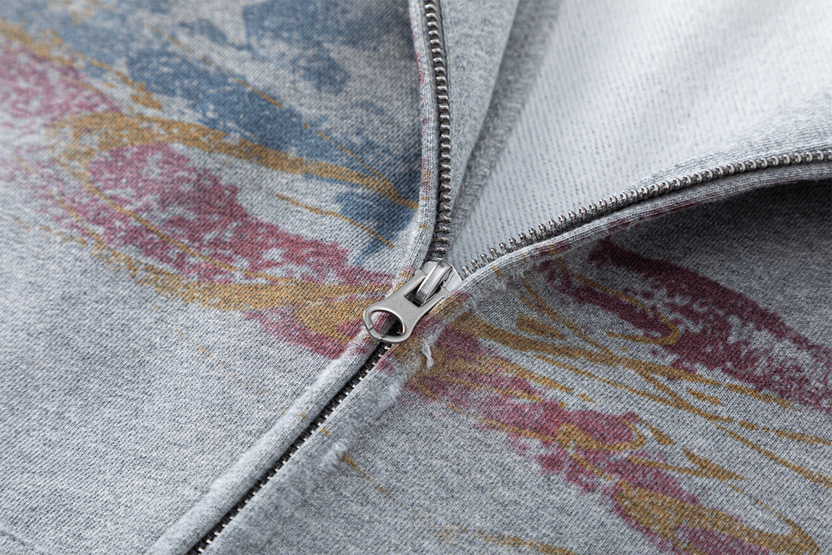 Sweat à capuche zippé drapeau américain usé – Streetwear vintage délavé