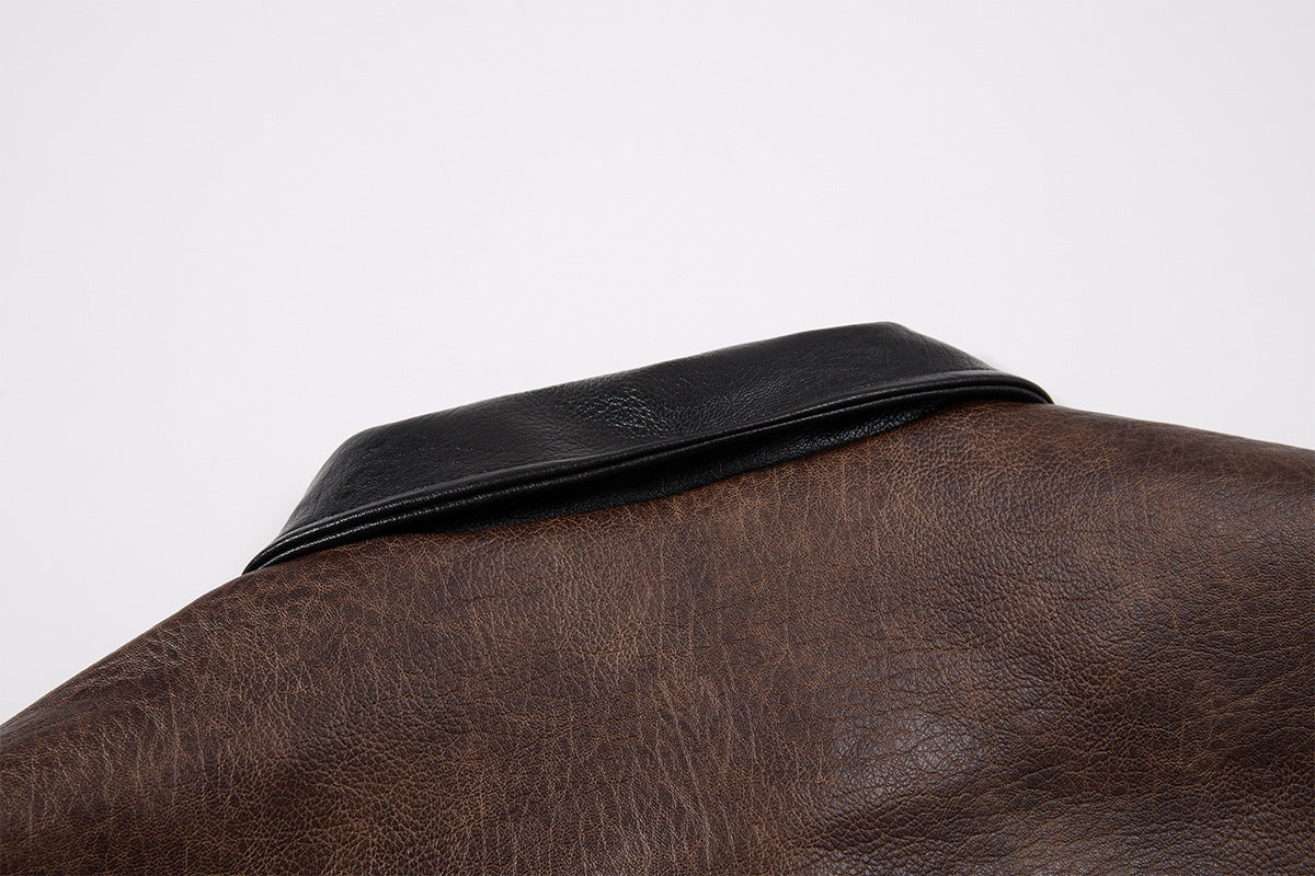 Oversized PU Leather Bomber Jacket – Vintage American Moto Style with Contrast
