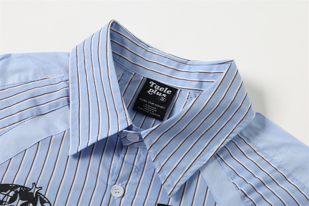 Men's Light Blue Striped Long-Sleeve Button-Down Shirt with Letter Embroidery