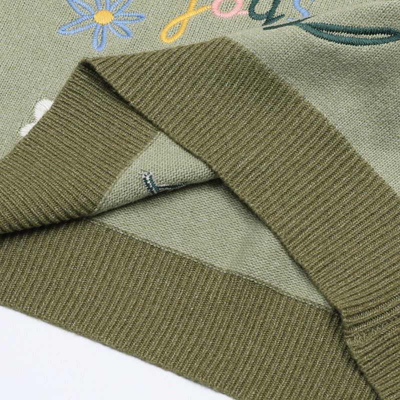 Floral Embroidery V-Neck Sweater Vest – Cottagecore Knit Sleeveless Top
