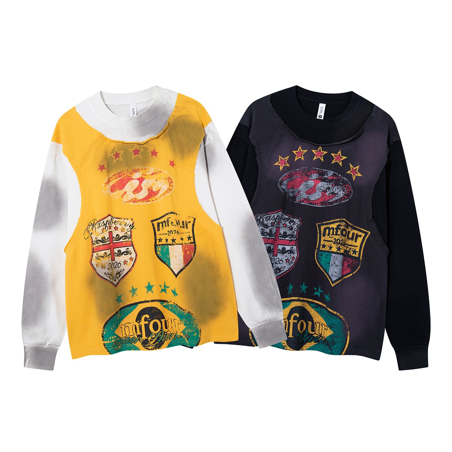 Tee-shirt graphique à manches longues imitation deux pièces – Imprimé écusson rétro streetwear