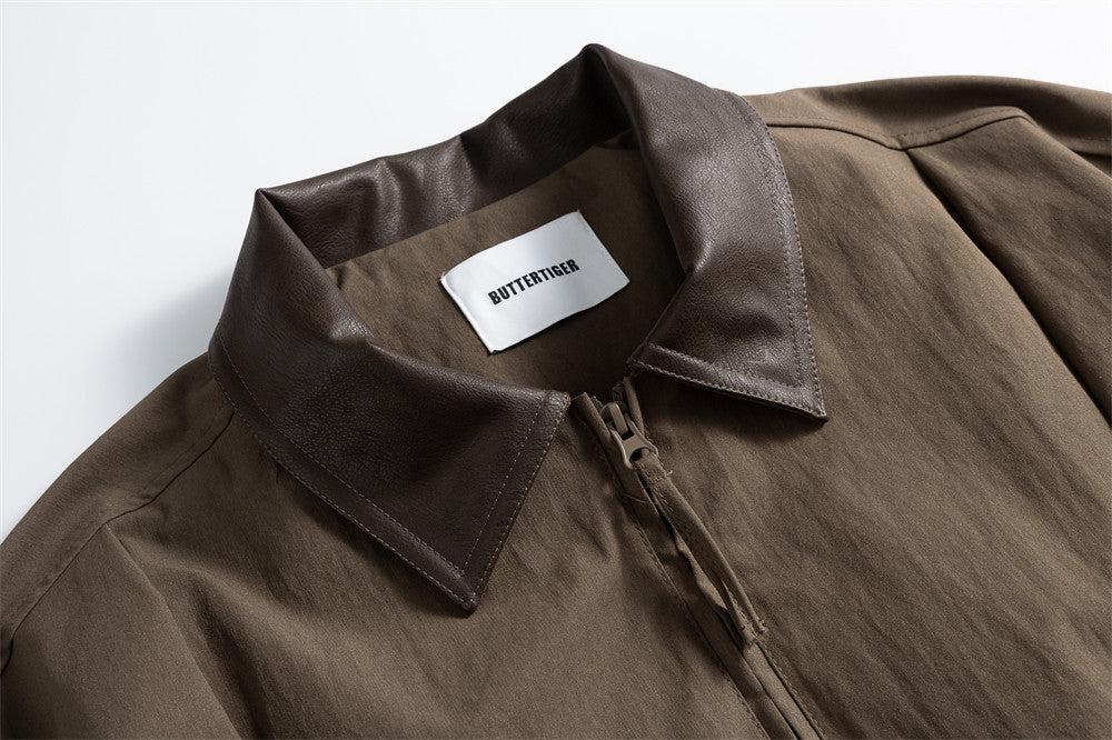 Men's Pleated Bomber Jacket with PU Leather Collar — Relaxed Fit Workwear Flight