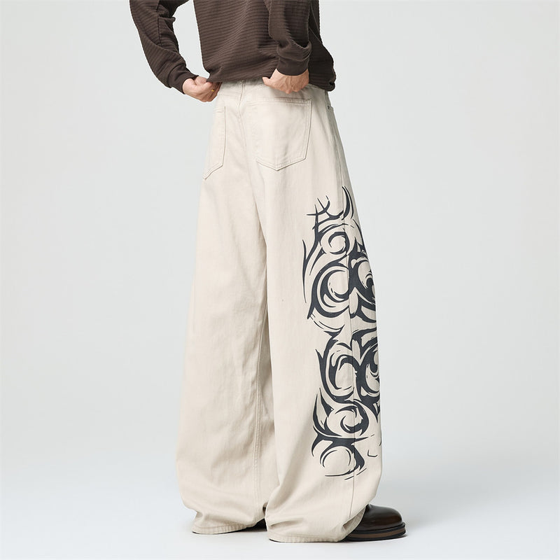 Tribal Print Wide-Leg Jeans – Men's Streetwear Straight Baggy Pants