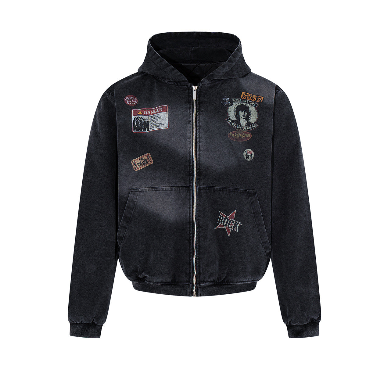Rolling Stones Patch Hooded Bomber Jacket – Washed Black Vintage Graphic