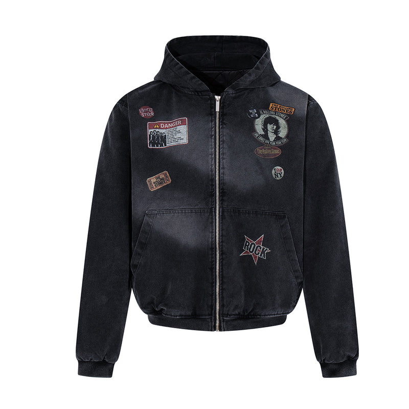 Rolling Stones Patch Hooded Bomber Jacket – Washed Black Vintage Graphic