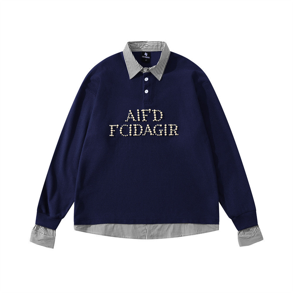 Men's Faux-Layered Polo Sweatshirt with Pearl Stud Letters and Striped Collar
