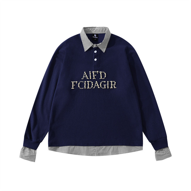 Men's Faux-Layered Polo Sweatshirt with Pearl Stud Letters and Striped Collar