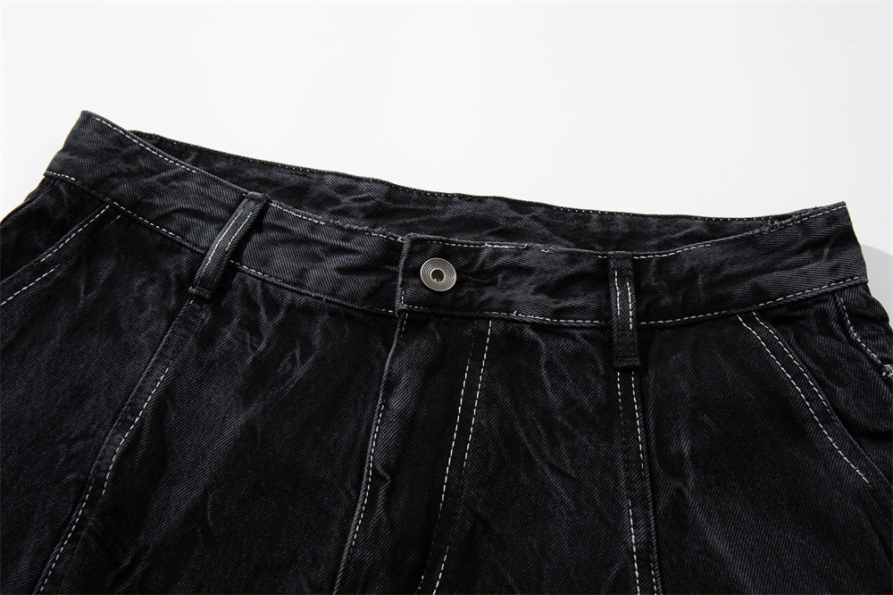Crinkle-Washed Black Denim Shorts – Wide Leg Streetwear Fit
