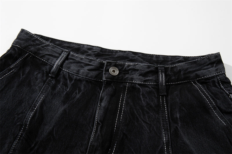 Crinkle-Washed Black Denim Shorts – Wide Leg Streetwear Fit