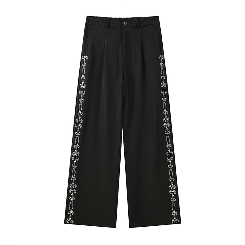 Wide Leg Dress Pants with Floral Embroidery Side Stripe