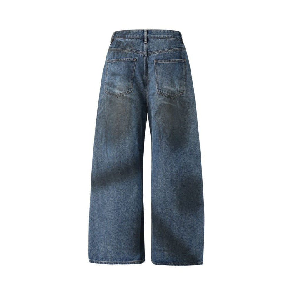 Straight Leg Jeans Mens Wide-Leg Punk Washed Denim with Rivet Pocket Detail