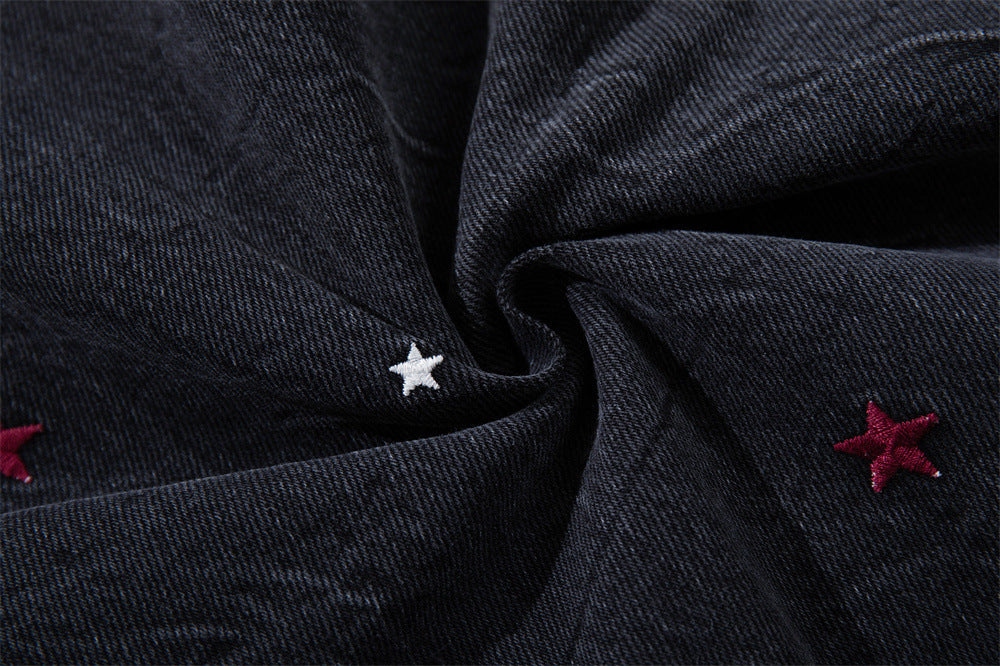 Star Embroidered Wide-Leg Jeans – Washed Black Denim with Side Floral Detail