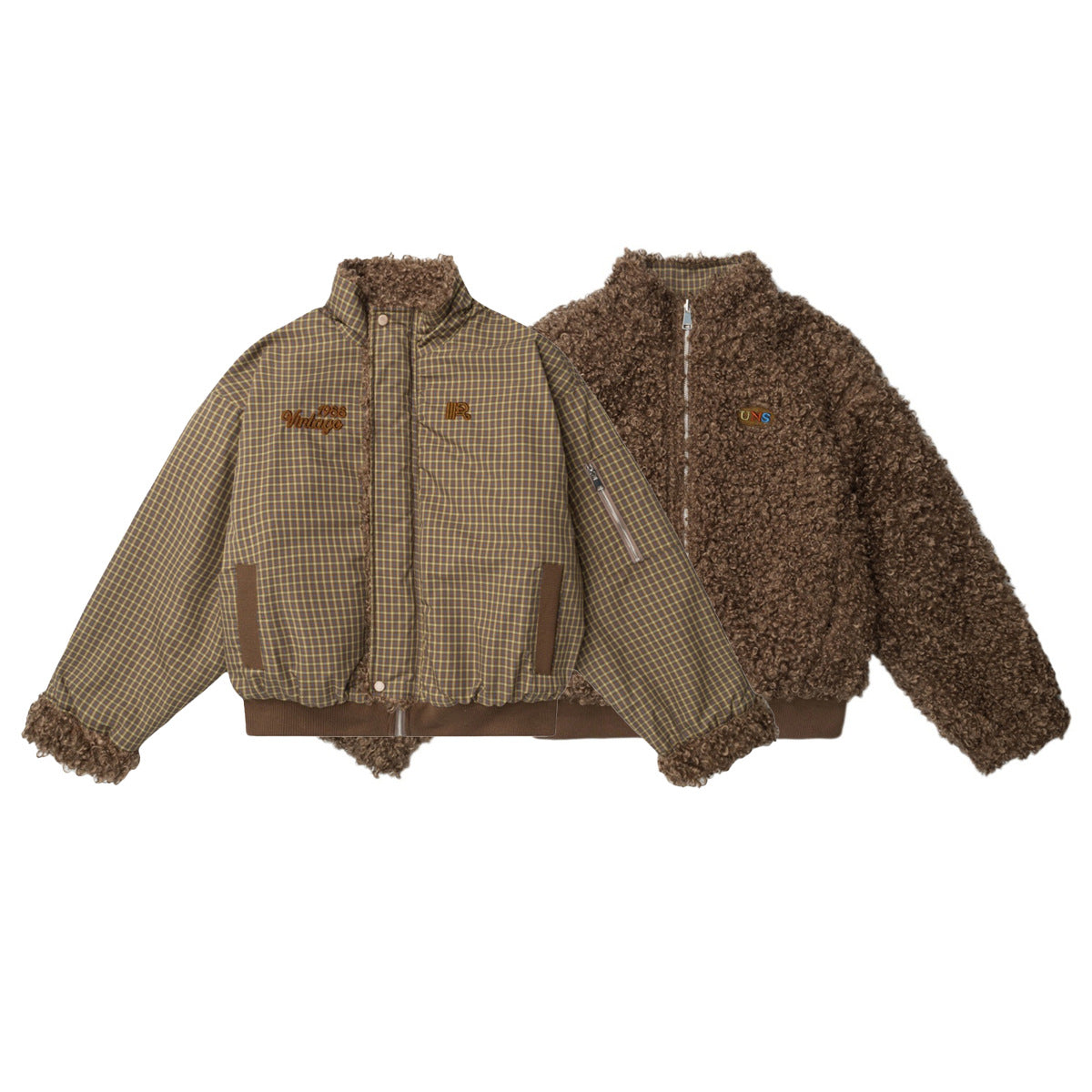 Reversible Plaid & Sherpa Bomber Jacket – Vintage 1988 Embroidered Padded Coat