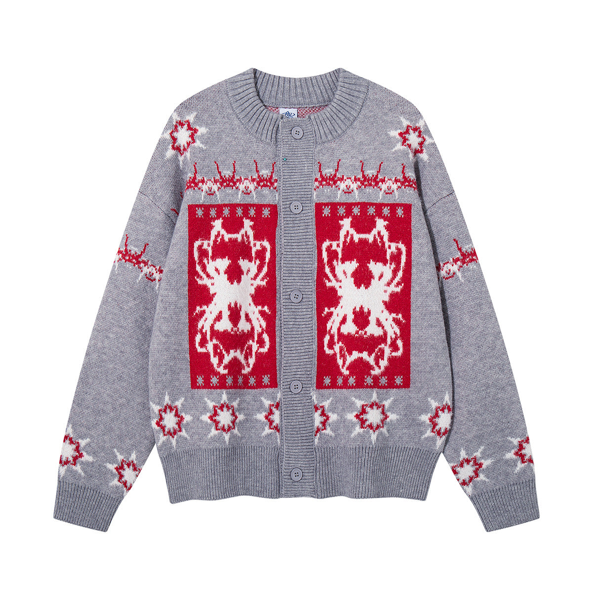 Oversized Fair Isle jacquard knit cardigan sweater in heather grey with red snowflake and graphic panel pattern, front view