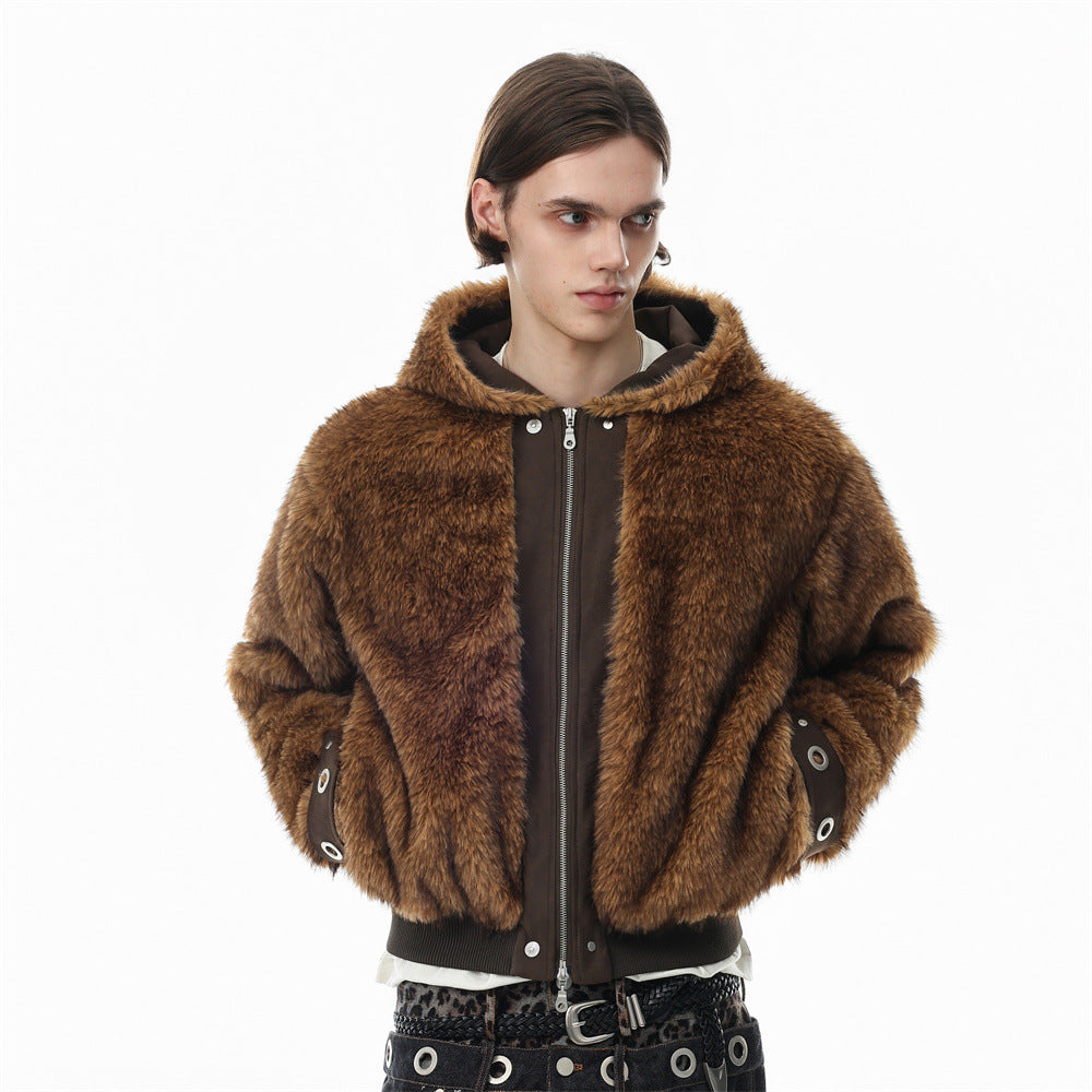 Faux Fur Hooded Bomber Jacket – Brown Short-Cut Zip-Up with PU Leather Trim