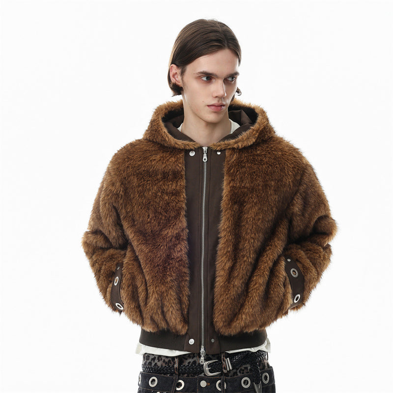 Faux Fur Hooded Bomber Jacket – Brown Short-Cut Zip-Up with PU Leather Trim