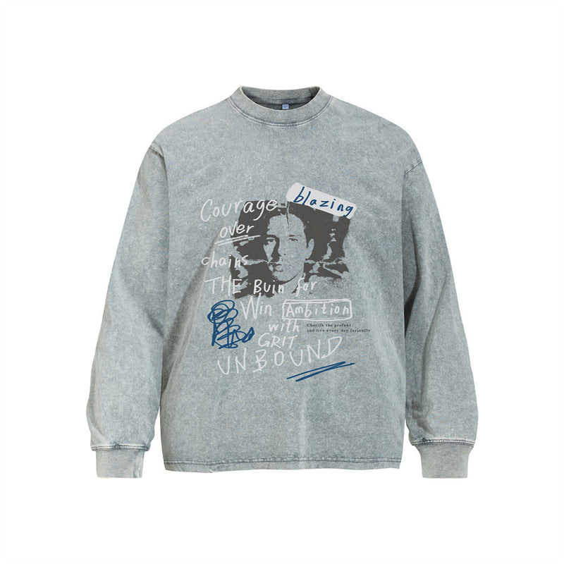 Men's Vintage Washed Long Sleeve Graphic Tee – Oversized Crew Neck Punk Street