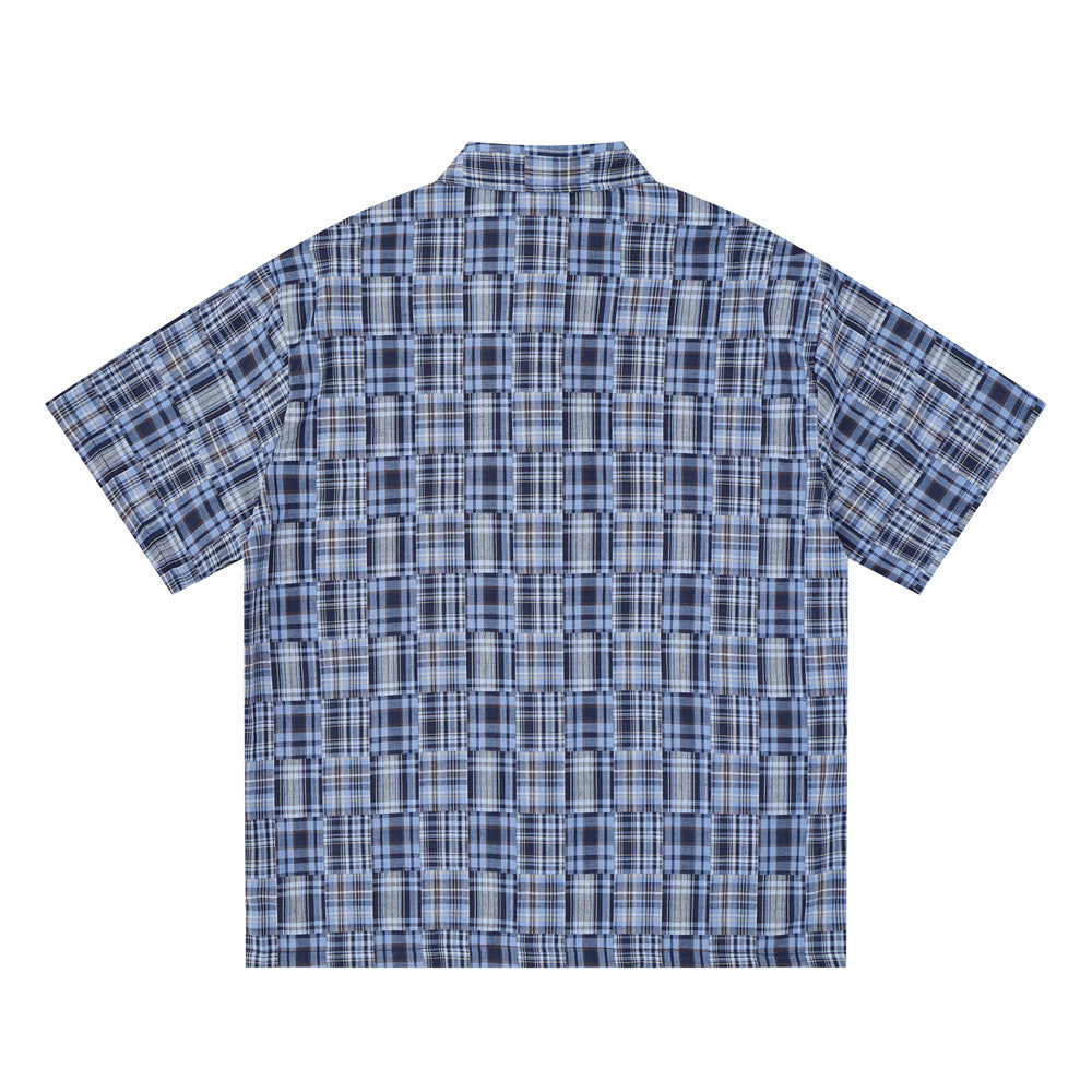 Short Sleeve Shirt Men Patchwork Madras Plaid Oversized Button-Up