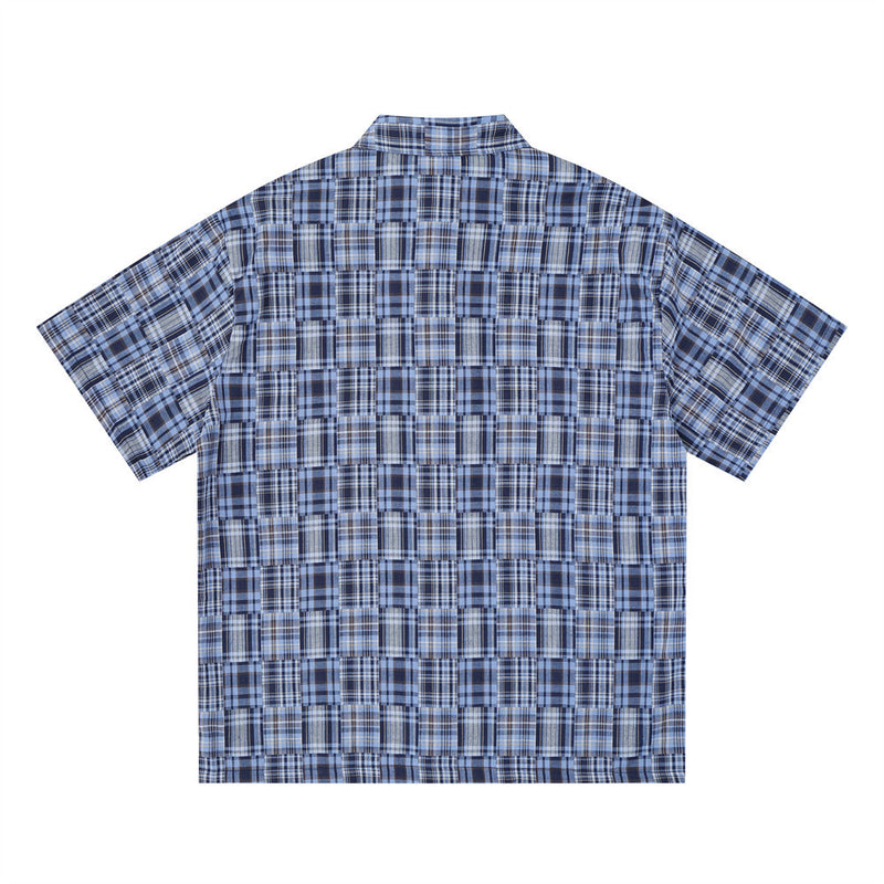 Short Sleeve Shirt Men Patchwork Madras Plaid Oversized Button-Up