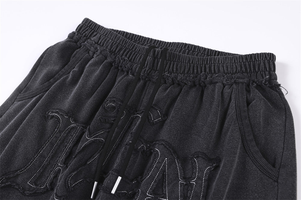 Pantalon de survêtement à jambes larges avec appliqué de lettres gothiques – Streetwear vintage délavé à l’acide